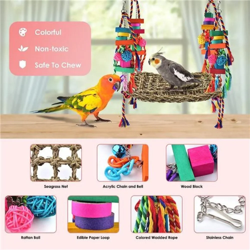 Bird Toys,Bird Foraging Wall Toy LargeSize Seagrass Woven Climbing Hammock Swing